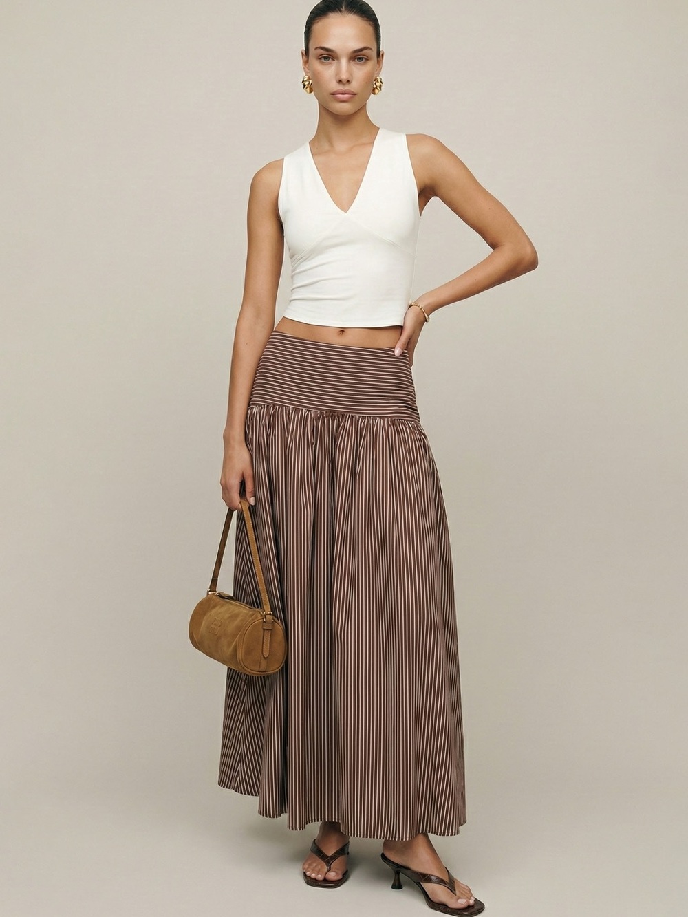 Striped Brown Maxi Skirt with Wide Waistband